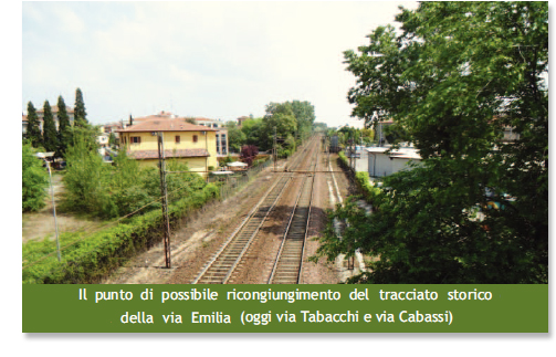 Il punto di possibile ricongiungimento del tracciato storico della via Emilia (oggi via Tabacchi e via Cabassi)