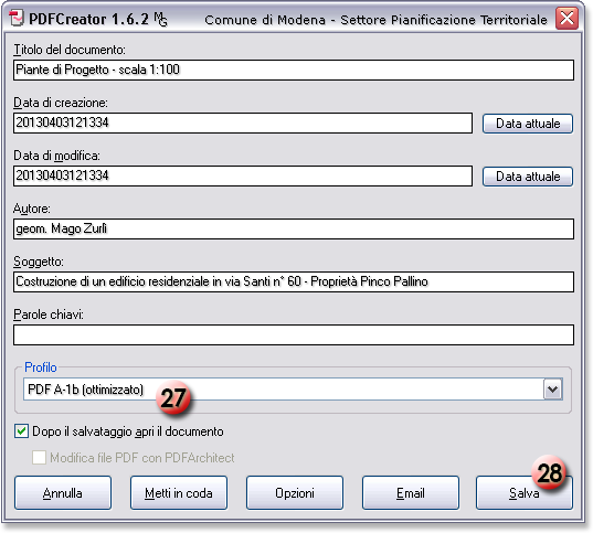 PDFCreator finestra di Stampa - Profilo PDF/A 1b (conservazione digitale)